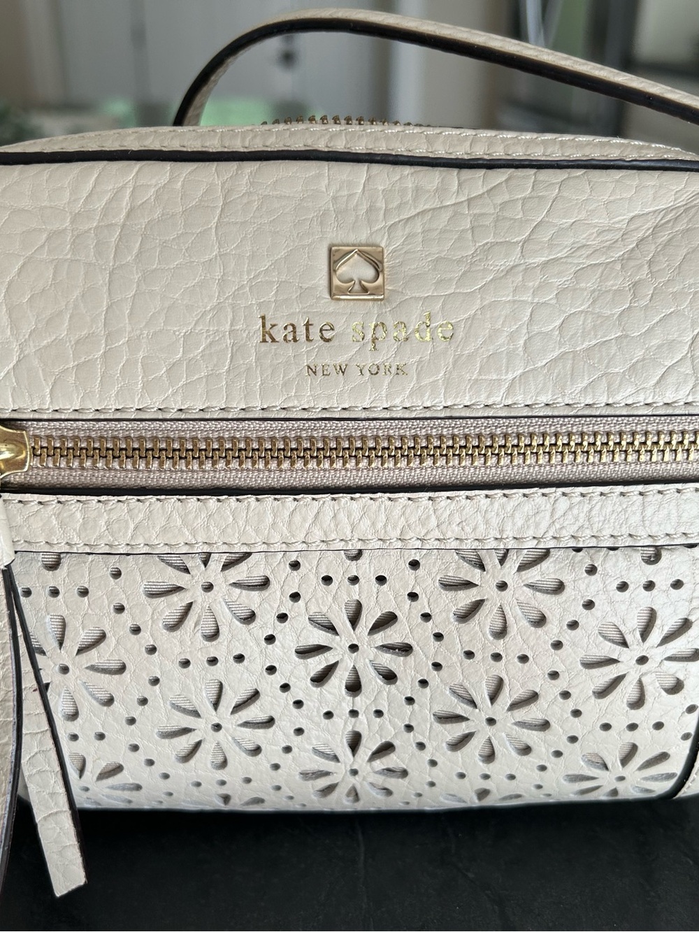 kate spade white perforated floral leather crossbody with gold hardware
